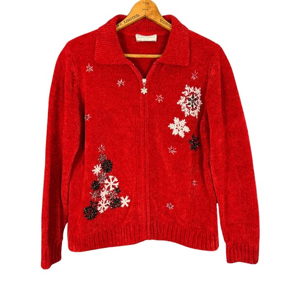 Vintage Chenille Christmas Sweater, Red Cardigan, Embroidered Festive Holiday - Picture 1 of 7